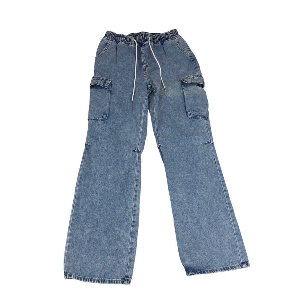 Womens Medium Wash Cargo Denim Pants Elastic Drawstring Waist Wide Leg Size M